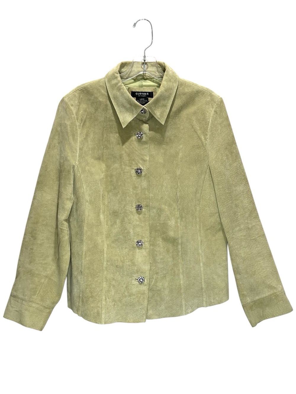 VTG 90’s Revue Chartreuse Suede Long Line Jacket w/ Rhinestone Buttons - Large
